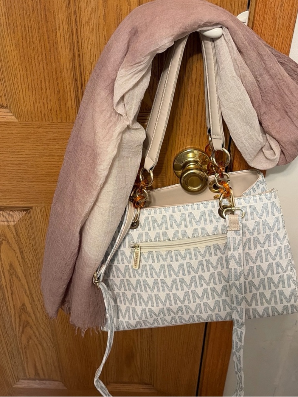 Michael Kors Light Gray Monogram Satchel with Cream Trim